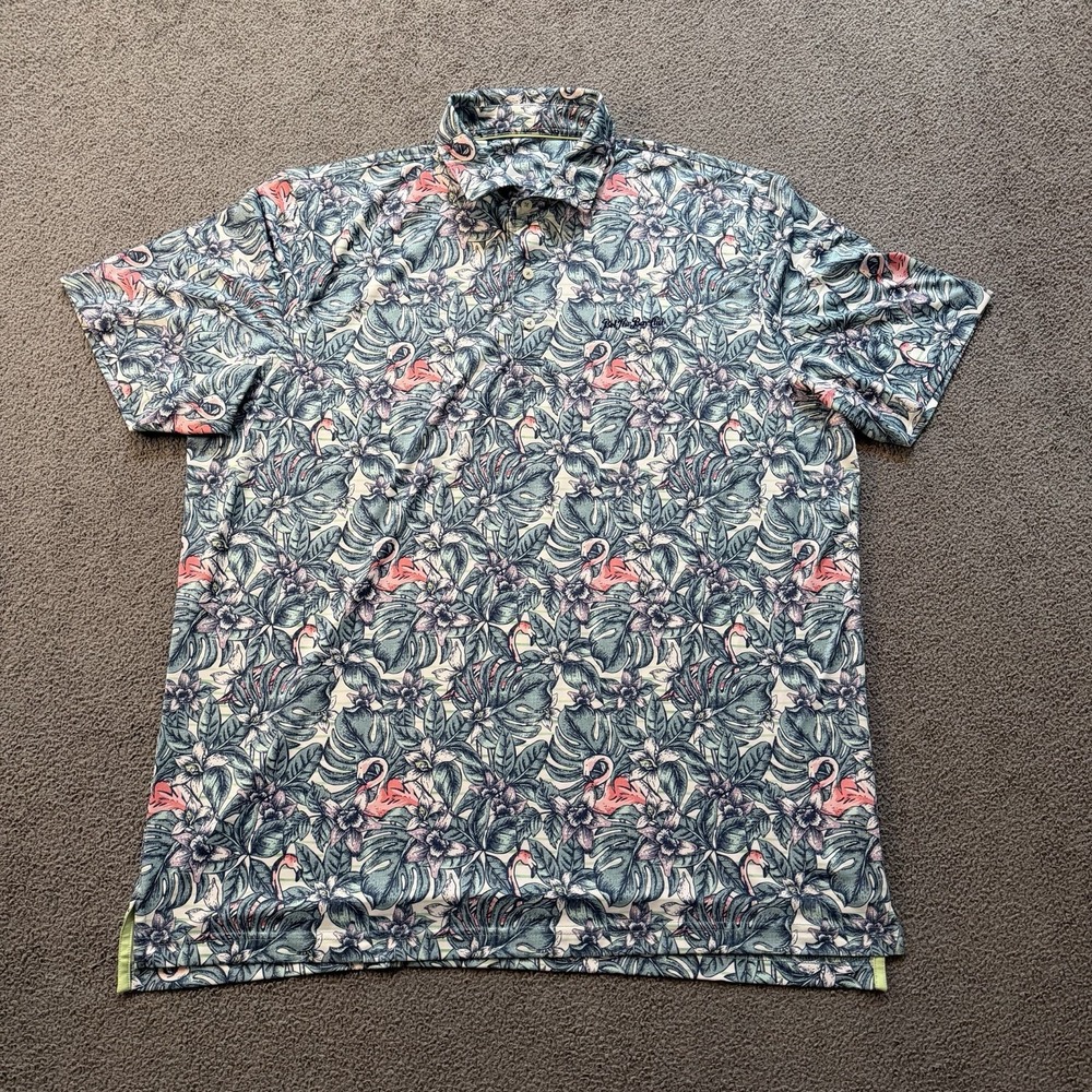 Johnnie-O Performance Polo Shirt Blue Floral Short Sleeve Stretch Golf Men's XL